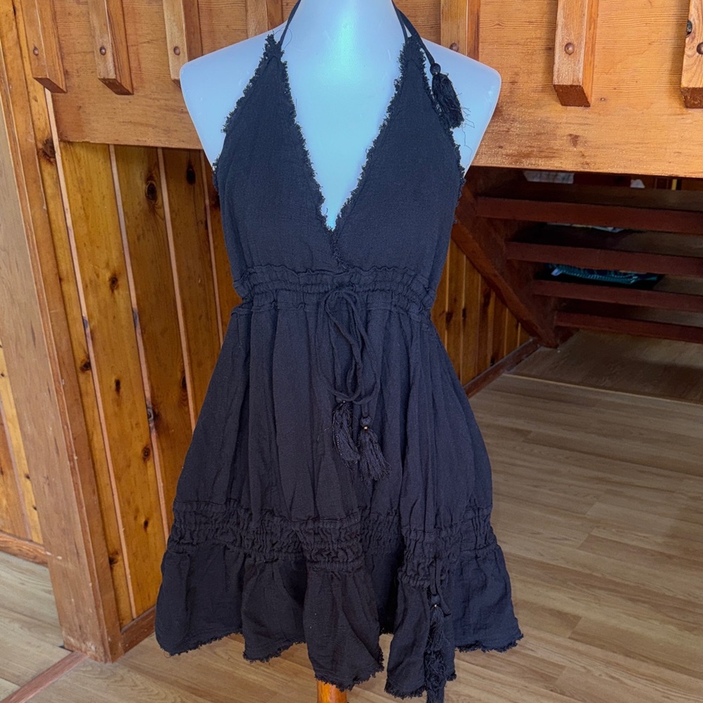 Free People Black Textured Backless Halter Mini Dress